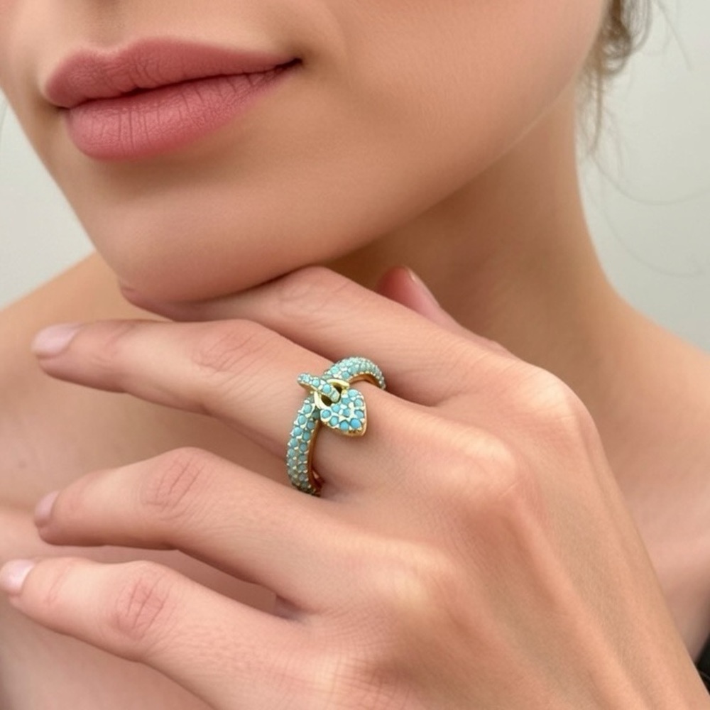 Gold Tone Turquoise Paved Heart Charm Adjustable Ring Women's Stainless Steel